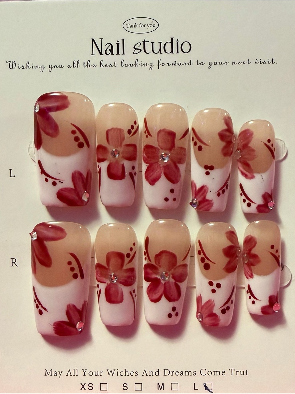 Floral Press-On Nails in Pink and Burgundy